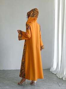 Solessence Middle Eastern Style Hooded Long Sleeve Dress, Yellow Luxury Arabic Traditional Print Abaya Dress, Special Occasion, Party, Festival Wear - Yellow - View 2