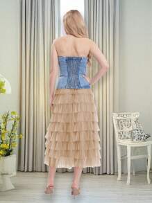 Falda larga de tul elástica de cintura alta para mujer, con volantes de revestimiento múltiple, tutú de malla, falda de fiesta para mujer - Camel - Ver 2