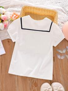 Girls' Casual Navy Collar Rabbit Embroidery Short Sleeve T-Shirt, Cute & Breathable Comfortable For Children, Summer New Arrival - White - View 2