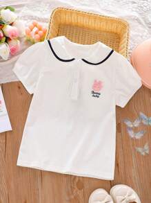 Girls' Casual Navy Collar Rabbit Embroidery Short Sleeve T-Shirt, Cute & Breathable Comfortable For Children, Summer New Arrival - White - View 1
