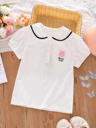 Camiseta casual feminina com gola azul marinho e bordado de coelho, manga curta, fofa e respirável, confortável para crianças, nova chegada no verão