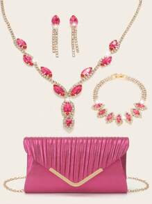 Rhinestone Jewelry Set Bling Necklace Earrings Bracelets Set For Women Evening Clutch Bag V-Shaped Wrinkling Shiny Handbag Wedding Sparkling Glitter Handbag For Women Prom With Detachable Metal Chain For Wedding And Party Shoulder Bag For Women's Handheld Evening Bag Versatile Glitter Handheld Bag Cocktail Party Wedding New Wallet Banquet Bag