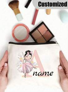 1pc Customized Name Ballerina Girl Makeup Bag, Customizable With 26 Letters And Name, Floral Pattern, Large Capacity, Lightweight, Perfect For Travel, A Great Gift For Teachers And Friends During Graduation Season. - Beige - View 3