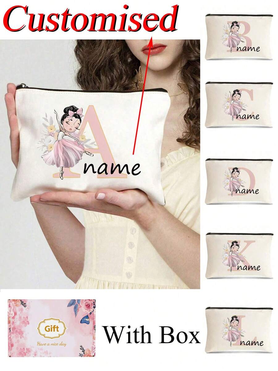 1pc Customized Name Ballerina Girl Makeup Bag, Customizable With 26 Letters And Name, Floral Pattern, Large Capacity, Lightweight, Perfect For Travel, A Great Gift For Teachers And Friends During Graduation Season. - Beige - View 1