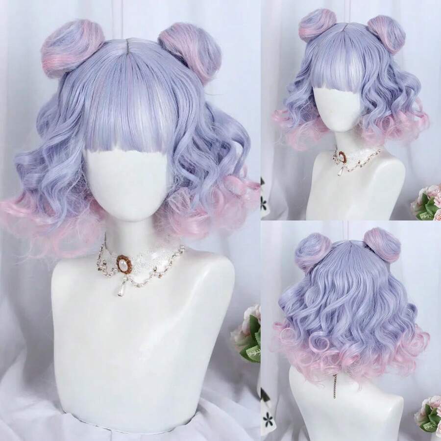 Tóc giả xoăn ngắn màu xanh tím ombre hồng với búi tóc kép tổng hợp mềm mại Lolita Cosplay tóc giả mềm mại chịu nhiệt cho bữa tiệc hàng ngày - Màu xanh lam - Xem 1
