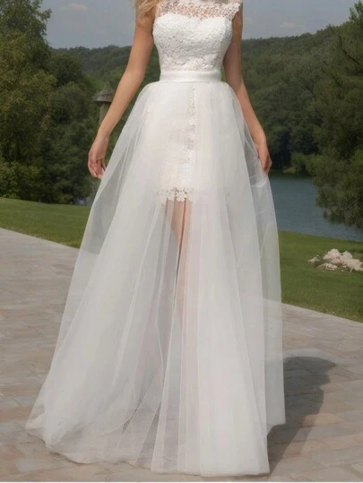 1pc Bridal Detachable Layered High-Slit Black See-Through Elastic Waist Floor-Length Party Maxi Dress, 115cm Skirt Length Fall Clothes For Women