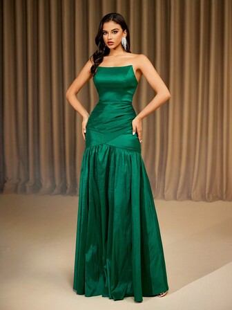 绿色露肩编织系带不对称长款晚礼服