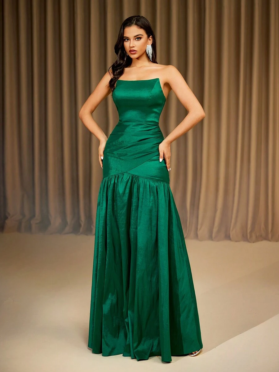 Green Strapless Woven Tie-Up Asymmetrical Long Evening Gown