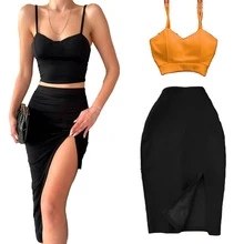 Conjunto falda y top tirantes corte ajustado abertura femenina moderno - Amarillo Mostaza - Ver 3
