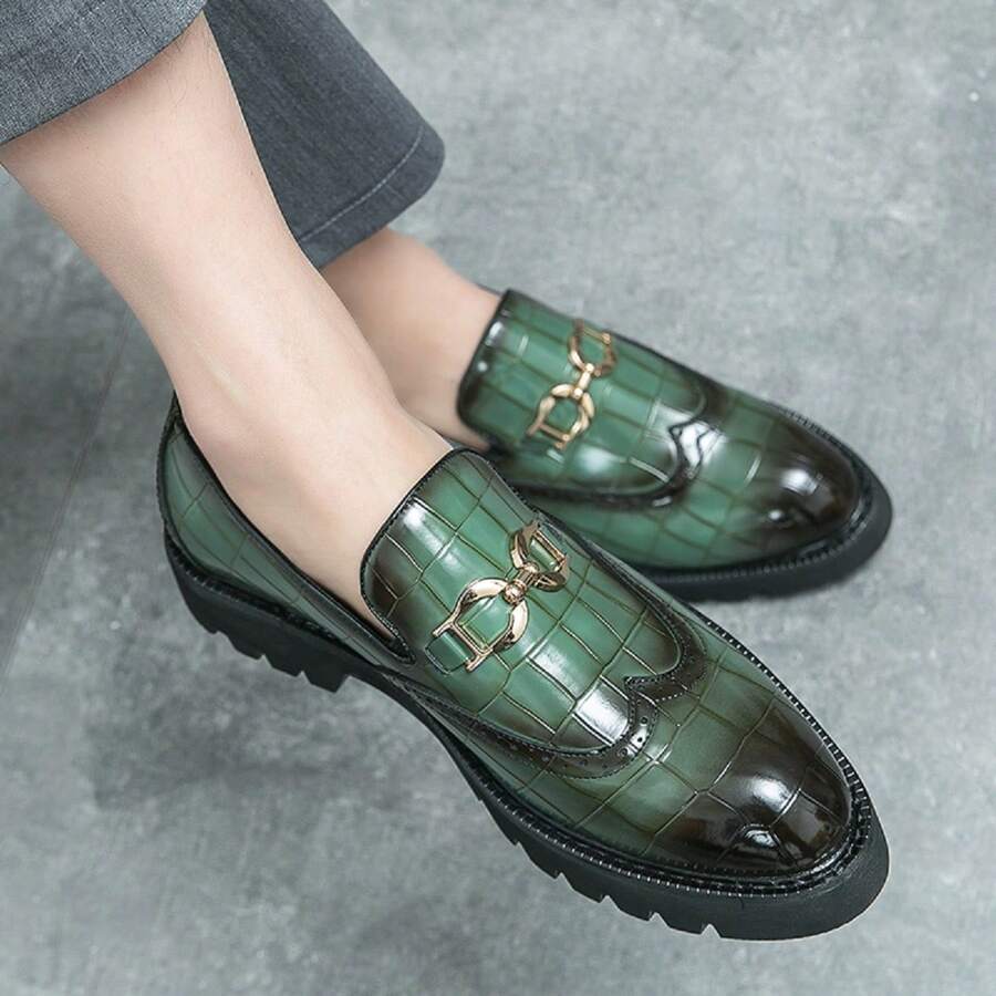 Textured Thick Sole Slip-On Loafers, Black Crocodile Pattern Versatile Business Formal Office Casual Leather Shoes For Men