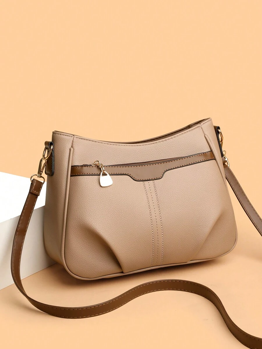 1pc Color Block Style Decoration, Litchi Texture Material, Large Capacity Multi-Compartment Crossbody Bag, Suitable For Women's Daily Use, Commuting Shoulder Bag For Autumn/Winter Season