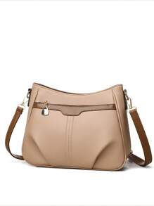 1pc Color Block Style Decoration, Litchi Texture Material, Large Capacity Multi-Compartment Crossbody Bag, Suitable For Women's Daily Use, Commuting Shoulder Bag For Autumn/Winter Season - Khaki - View 3