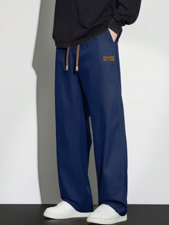 Men's Drawstring Waist Slant Pocket Plain Casual Pants, Fall