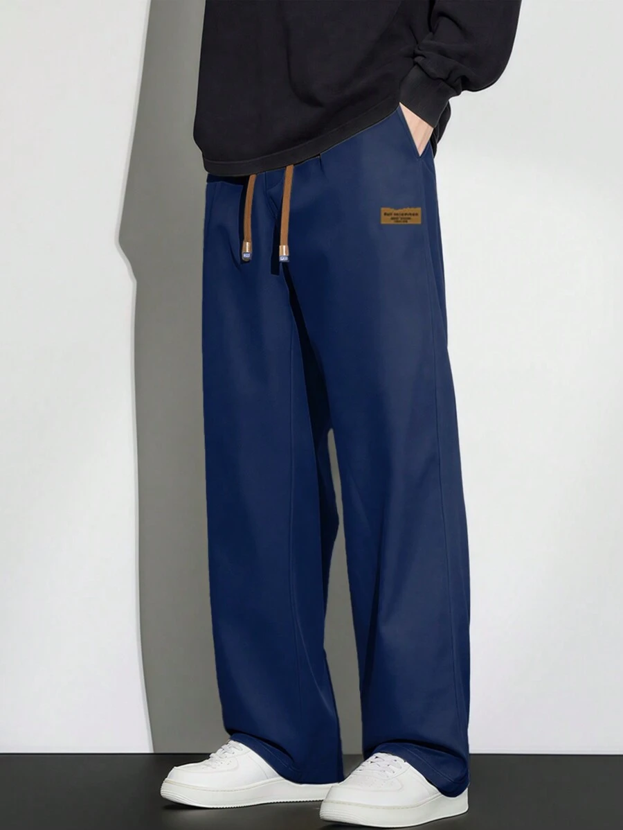 Men's Drawstring Waist Slant Pocket Plain Casual Pants, Fall - Navy Blue - View 1