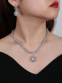 1 Set de 3 piezas de Collar y Aretes de Joyería de Boda con Incrustaciones de Cobre y Circonita Cúbica de Lujo, Accesorios de Vestido de Boda a Juego para Fiesta y Ceremonia
