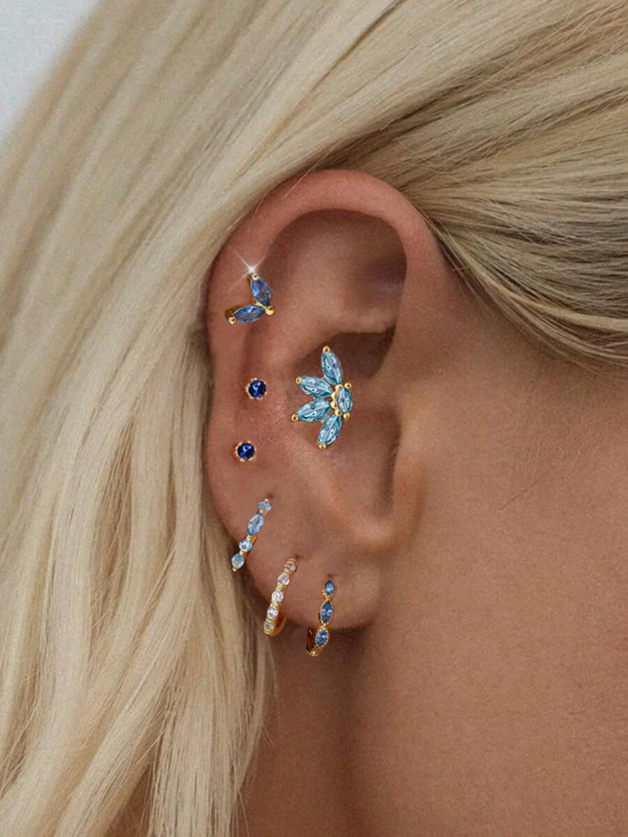 7 件/套优雅天蓝色锆石耳钉套装，简约风格珠宝适合女性约会、派对、日常佩戴 - 金黃色 - 查看 1