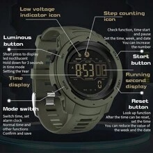 SANDA. SANDA 男士智能数字手表，计步器，卡路里计数器，50米防水，健身计时器，闹钟，日期显示，LED数字显示，军用户外运动游泳多功能腕表 - 均碼 - 查看 3