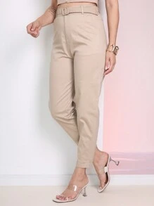 Women's Slim Twill Pants With Pocket And Elastic Belt - Beige - View 3