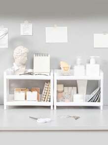 1 Double Desktop Organizer Home Decor Desktop Organizer Snacks Cosmetic Organizer For Room Kitchen Bathroom Office Storage Racks; Dorm Room Desktop Double Storage - White - View 4