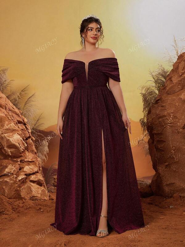 Mgiacy Plus Size Off Shoulder High Split Maxi Dress, Party Dress, Wedding Guest Dress, Formal Dress, Evening Dress,Gown