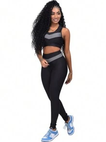 Leggings + Cropped Top Set With Suplex Pad Extra Fitness / Women's Gym Fashion - 灰色 - 查看 1