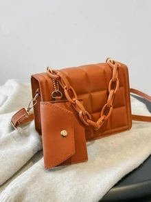 A Stylish Solid Color Retro Clamshell Handbag Set, Suitable For Women's Daily Use Of Dating And Gift Bags Chequered Acrylic Chain Shoulder Bag With Small Coin Purse Design - Multicolor - View 3