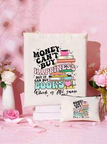 Love Book Pattern Printing Cosmetic Bag/Shoulder Bag - Combo Bag, Travel Makeup Gift Bag, But It Can Buy Books Print Shopping Bag, Shoulder Bag,Cloth Bag, Shopping Handbag, Shoulder Bag, Large Capacity Tote Bag, Minimalist Handbag