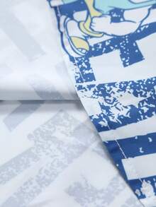 男士休闲短袖衬衫，蓝色字母和棕榈树印花，夏季度假装 - 藍白色 - 查看 6