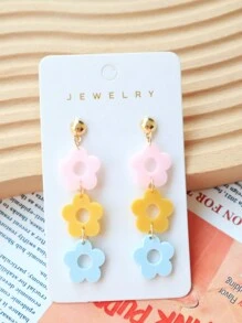 1 Pair Acrylic Bling Bling Flower Earrings In Sweet Pink, Yellow And Blue, Glittering Lovely Design, Suitable For Women As Party/Holiday Gift