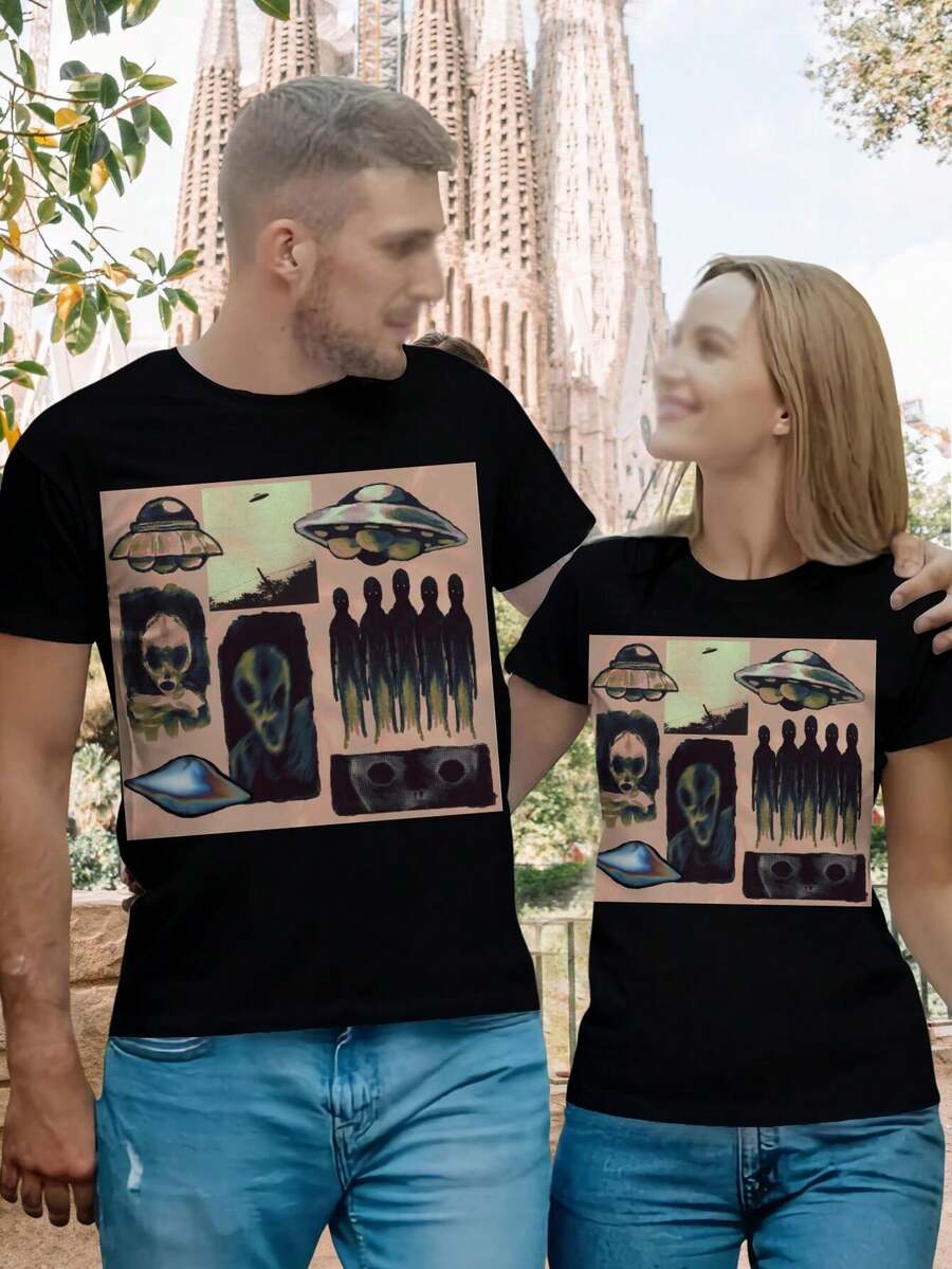 Women's UFO T-Shirt Cute Alien Graphic Tees Funny Space Shirts Trendy UFO Apparel - Black - View 1