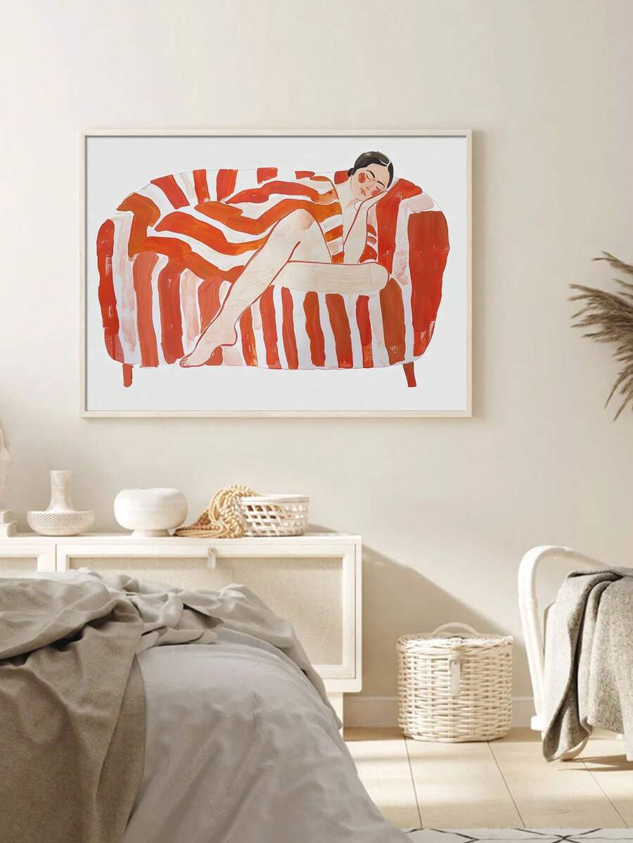 Large Canvas Wall Art - Abstract Woman Relaxing On Red And Orange Striped Sofa - Vibrant Home Decor Artwork - Unique Line Drawing, Frameless - Multicolor - View 1