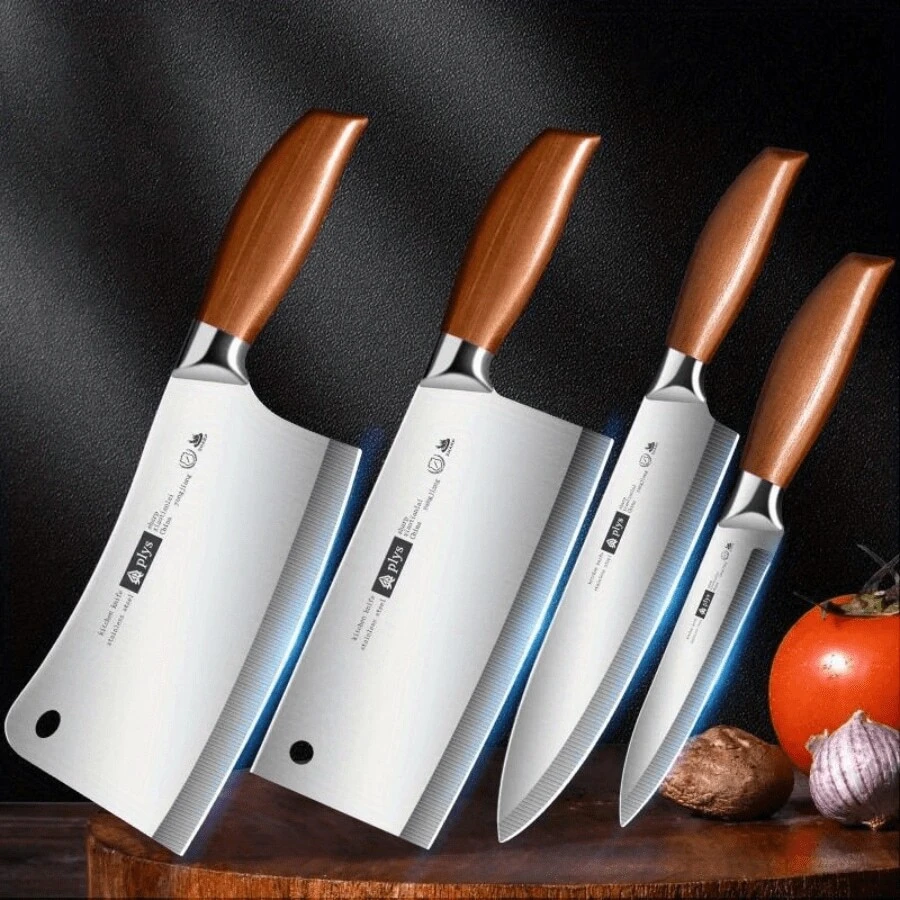 4-Piece Stainless Steel Knife Kitchenware Set, Imitation Wood Handle, Fruit Knife, Chef's Knife, Meat Cutter, Bone Cutter - 4 件 - 查看 1