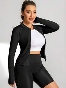 Women's Sports Yoga Jacket, Full Zip Running Jacket, Lightweight Activewear For Easy Movement, Suitable For Running, Gym Workout Or Outdoor Activities - Black - View 8