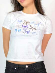 Women's Summer Crop Tops Short Sleeve Round Neck Shell/Bow/Wine Cup/Fruit/Lip/Heart Print Baby Tees