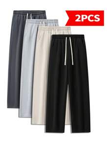2-Pack Men's Simple Style Solid Color Straight Sweatpants Outdoor Jogging Sports Fitness Exercise Pants Men's Casual Pants - đen + kaki - Xem 1