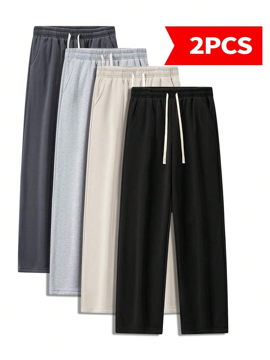 2-Pack Men's Simple Style Solid Color Straight Sweatpants Outdoor Jogging Sports Fitness Exercise Pants Men's Casual Pants - đen + kaki - Xem 1