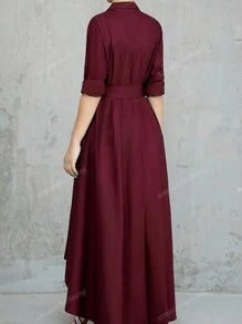 Women's Solid Color Single-Breasted Casual Shirt Waist A-Line Dress, New Autumn/Winter Collection