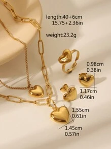 4 件简约不锈钢 18K 镀金双层心形吊坠项链、环形耳环、开口戒指首饰套装，适合精致女士，适用于情人节、派对、约会、礼物、日常、节日、派对、婚礼、订婚、母亲节、最佳朋友礼物