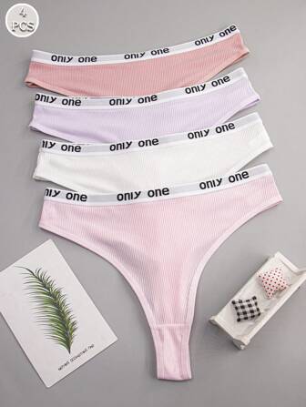 4pcs Women High Waist Elastic Comfortable Letter Printed Thong Panties