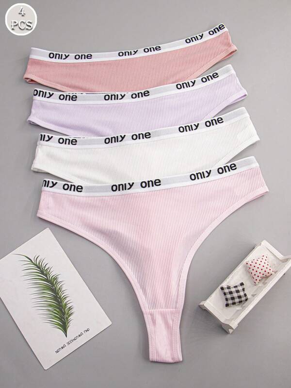 4pcs Women High Waist Elastic Comfortable Letter Printed Thong Panties