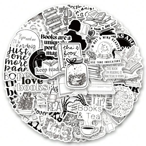 60 pezzi di adesivi per lettura di libri neri, adesivi, scrapbooking, diario, computer portatile, bumper, skateboard, borraccia, telefono, cartone animato, elmetto, auto e altri articoli