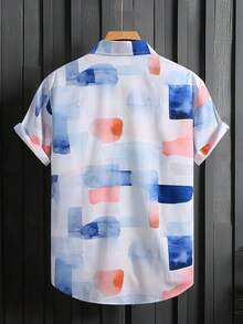 休闲男士短袖衬衫，黄蓝格子，夏季度假男士服装 - 藍白色 - 查看 2