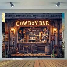 1pc Retro Western Bar Background Banner 70.8x90.5 Inches - Western Bar Themed Party Decor, Wooden Bar, Wheel Barrel, Stool Design - Perfect For Party Gatherings, Suitable For Parties, Indoor And Outdoor Garden Decor, No Electricity Required - Multicolor - View 5