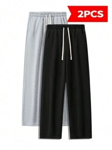 2-Pack Men's Simple Style Solid Color Straight Sweatpants Outdoor Jogging Sports Fitness Exercise Pants Men's Casual Pants - Black+Light Grey - View 2