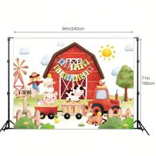 1 Pezzo - Sfondo fotografico in stile cartoni animati acquerello con animali della fattoria, mucca carina su tema rosso di fattoria per decorazione festa di compleanno, fotografia e studio - Multicolore - Visualizzare 3