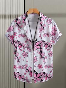 Men's Casual Short Sleeve Shirt, Plum Blossom Hawaiian Print, Summer Style - Baby Pink - View 1