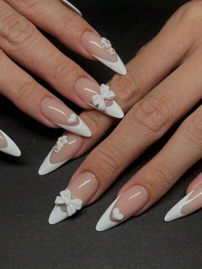 Valentine'S Day Press On Nails Medium Almond Fake Nails With White 3D Bow Flowers Heart Designs Valentines False Nails White French Tip Stick On Nails Artificial Nails For Women 24 Pcs Nail Supplies Nails