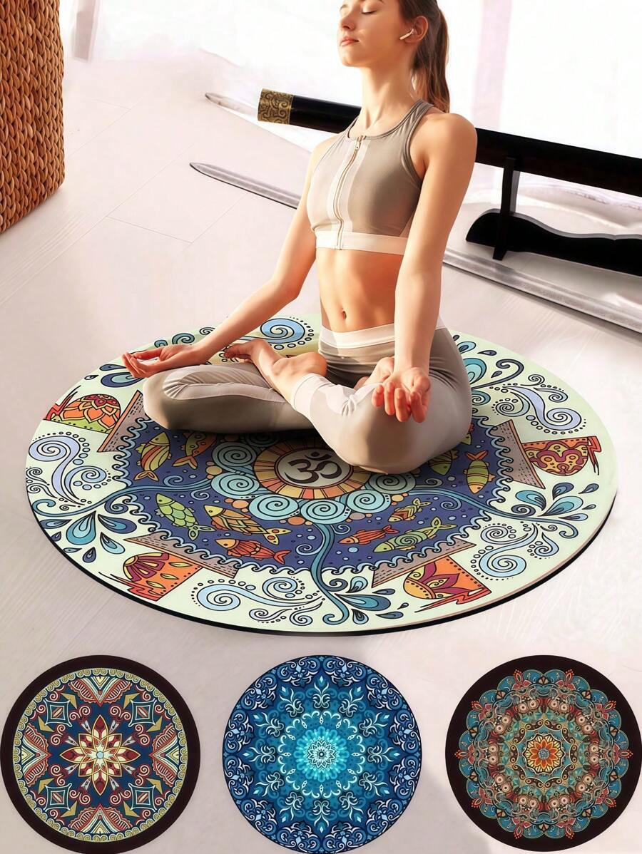 1 件波西米亚风格跳绳垫，椭圆形防滑运动垫，适用于家庭健身房地板、瑜伽和冥想垫，厚而宽的橡胶减震跳跃垫，适合家庭健身
