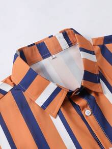 男士休闲条纹短袖衬衫，棕色底色配蓝白条纹，夏季 - 棕色 - 查看 3