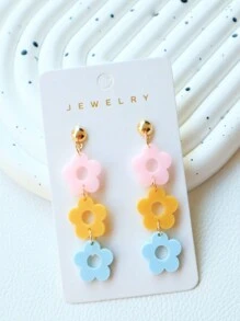 1 Pair Acrylic Bling Bling Flower Earrings In Sweet Pink, Yellow And Blue, Glittering Lovely Design, Suitable For Women As Party/Holiday Gift